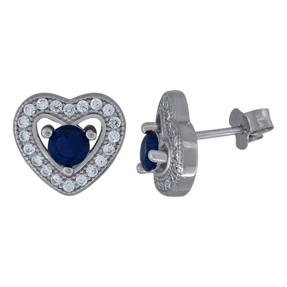 925 Sterling Silver Womens Royal Blue Cubic Zirconia Heart Stud Earrings