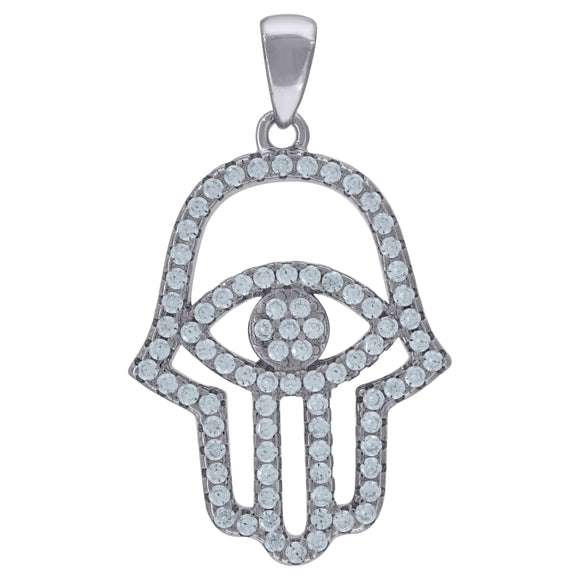 925 Sterling Silver Mens Cubic Zirconia Hamsa Religious Charm Pendant