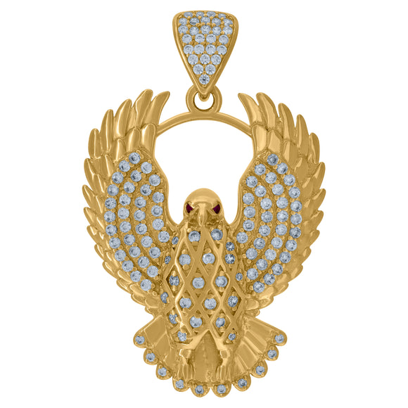 10kt Yellow Gold Mens Garnet Cubic Zirconia Diamond-cut Textured Eagle Bird Charm Pendant
