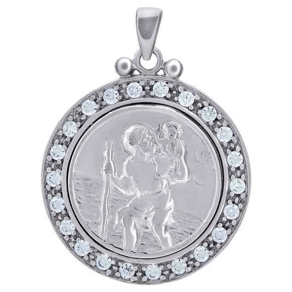 925 Sterling Silver Unisex Cubic Zirconia Religious Saint Christopher Charm Pendant