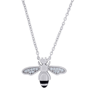 925 Sterling Silver Women Cubic Zirconia Rolo Link Fly Black Enamel Necklace