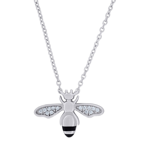 925 Sterling Silver Women Cubic Zirconia Rolo Link Fly Black Enamel Necklace