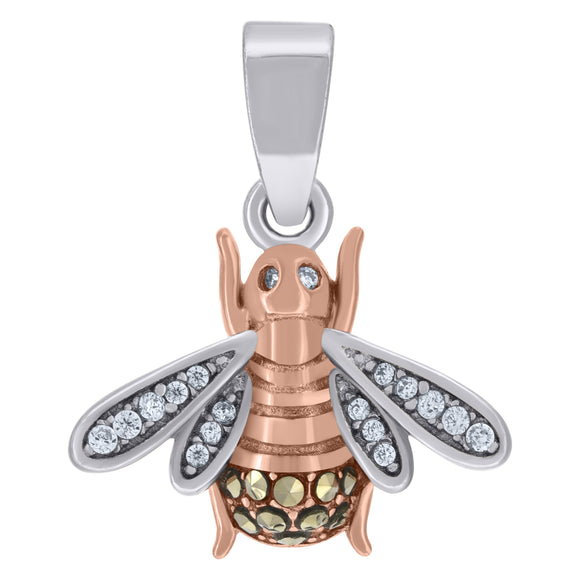 925 Sterling Silver Rose-Tone Mens Cubic-Zirconia Bee Insects Wildlife Charm Pendant