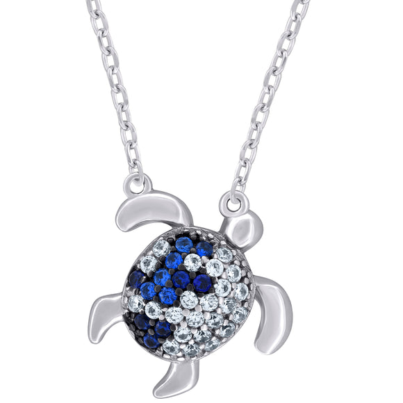 925 Sterling Silver Women Blue & White Cubic Zirconia Rolo Link Turtle Necklace