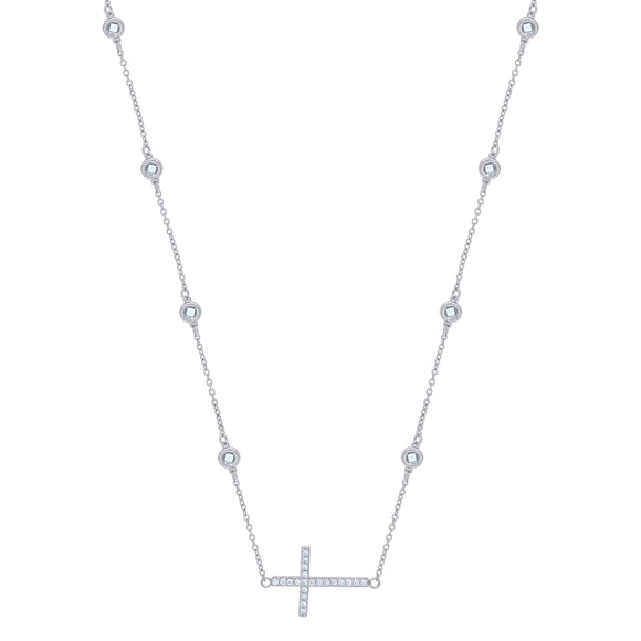925 Sterling Silver Women Cubic Zirconia Rolo Link Cross Necklace