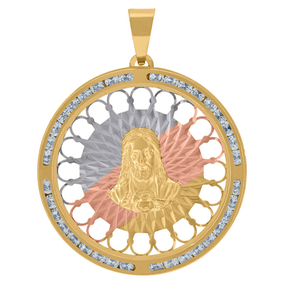 10kt Tri-color Gold Unisex Cubic-zirconia Textured Sacred Heart Of Jesus Religious Charm Pendant
