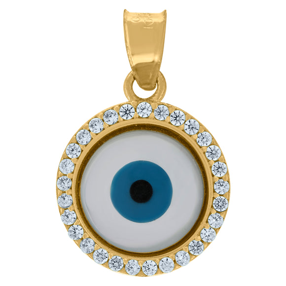 10kt Yellow Gold Unisex Cubic-zirconia Evil Eye Blue White Enamel Charm Pendant