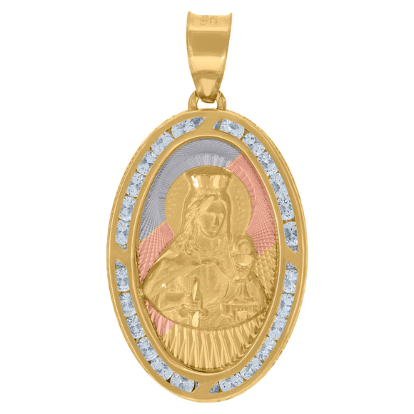 10kt Tri-color Gold Unisex Cubic-zirconia Textured Santa Barbara Religious Oval Charm Pendant
