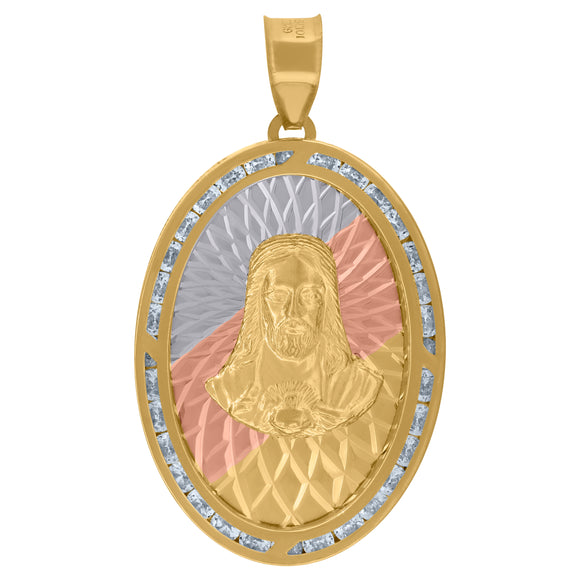 10kt Tri-color Gold Unisex Cubic-zirconia Textured Sacred Heart Of Jesus Religious Oval Charm Pendant