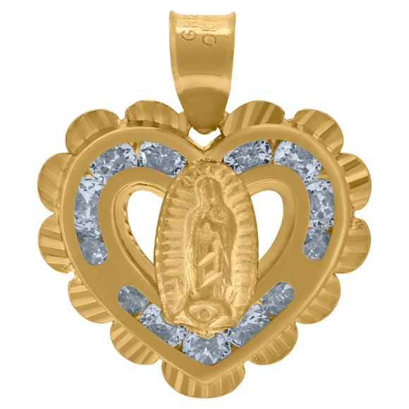 10kt Two-tone Gold Unisex Cubic-zirconia Textured Lady Of Guadalupe Religious Heart Charm Pendant
