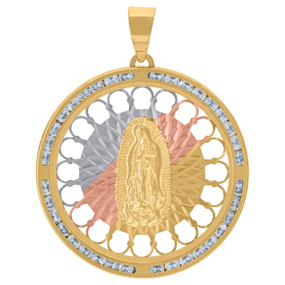 10kt Tri-color Gold Unisex Cubic-zirconia Diamond-cut Textured Lady Of Guadalupe Religious Charm Pendant