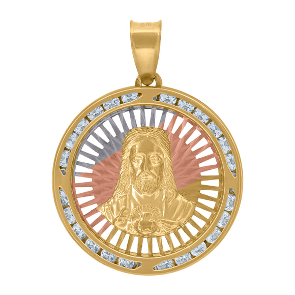10kt Tri-color Gold Unisex Cubic-zirconia Diamond-cut Sacred Heart Of Jesus Religious Charm Pendant