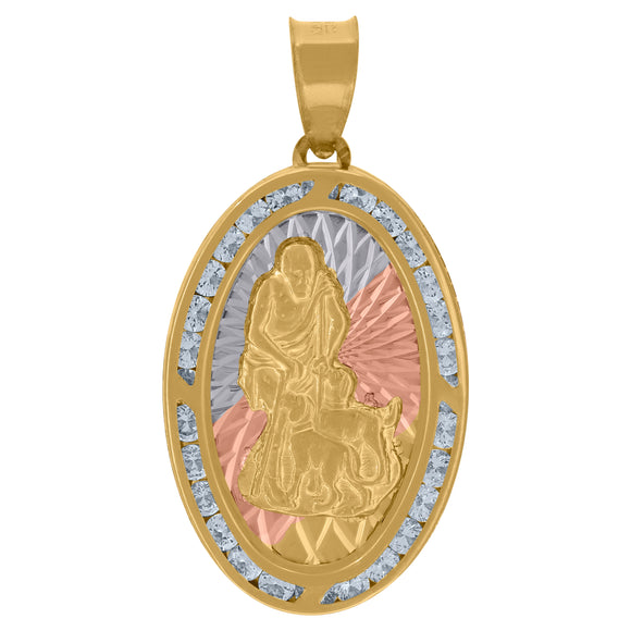 10kt Tri-color Gold Unisex Cubic-zirconia Diamond-cut Saint Lazarus Religious Oval Charm Pendant