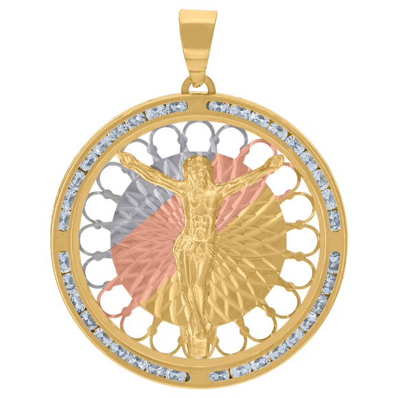 10kt Tri-color Gold Unisex Cubic-zirconia Textured Crucifix Religious Charm Pendant