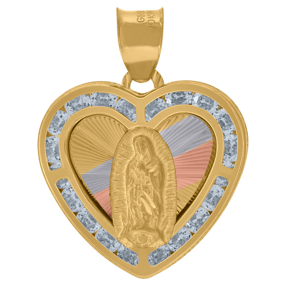 10kt Tri-color Gold Unisex Cubic-zirconia Textured Lady Of Guadalupe Religious Heart Charm Pendant