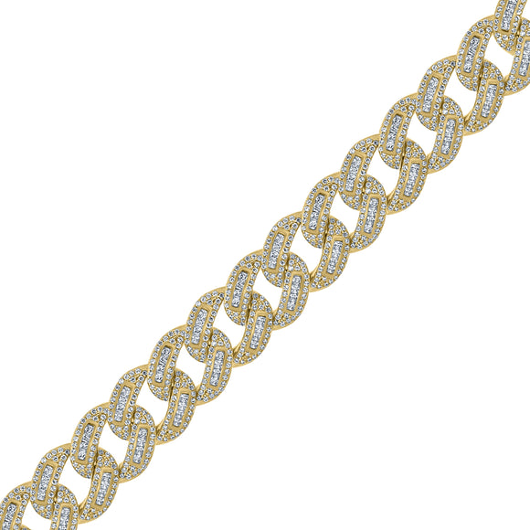 925 Sterling Silver Yellow-Tone Men Cubic Zirconia Cuban Baguette 15mm Bracelet Size 9 Inches