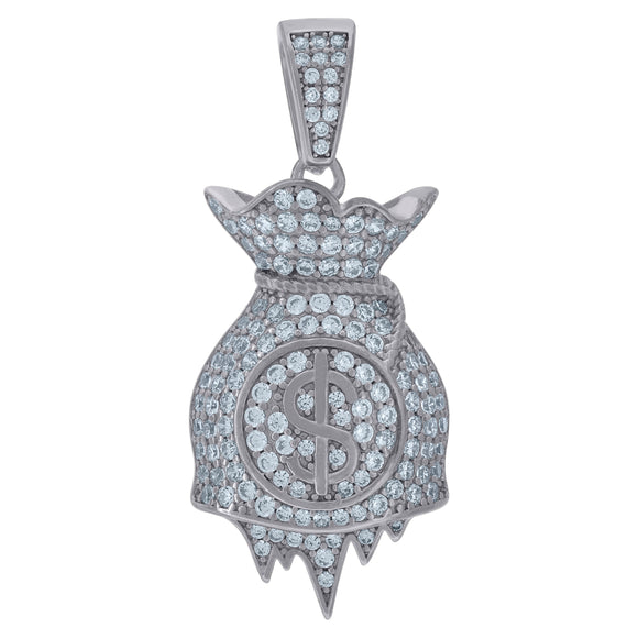 925 Sterling Silver Mens Cubic Zirconia Gambling Money Bag Dripping Charm Pendant