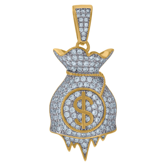 925 Sterling Silver Yellow-tone Mens Cubic Zirconia Gambling Money Bag Dripping Charm Pendant