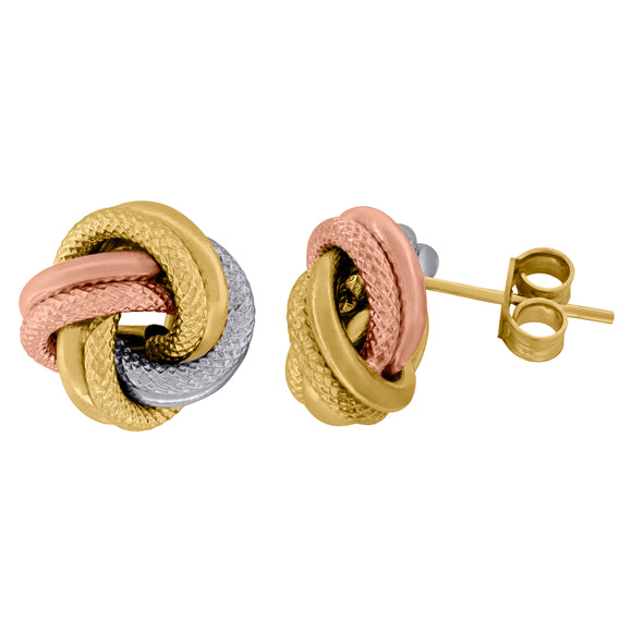 14kt Tri-color Gold Womens Polished Finish Textured Love Knot Stud Earrings