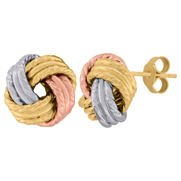 14kt Tri-color Gold Womens Polished Finish Textured Love Knot Stud Earrings