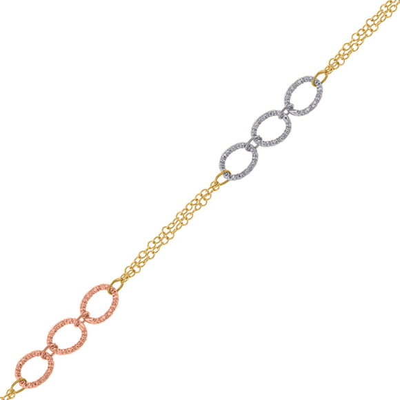 14kt Tri-color Gold Womens Polished Finish Oval Multi-strand Link Double Chain Bracelet Size 7 Inches