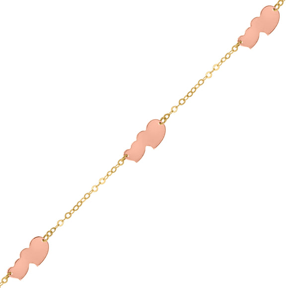 14kt Two-tone Gold Womens Polished Finish Double Heart Link Bracelet Size 7 Inches