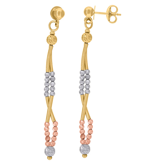 14kt Tri-color Gold Womens Polished Finish Textured Twisted Beaded Dangle Earrings 