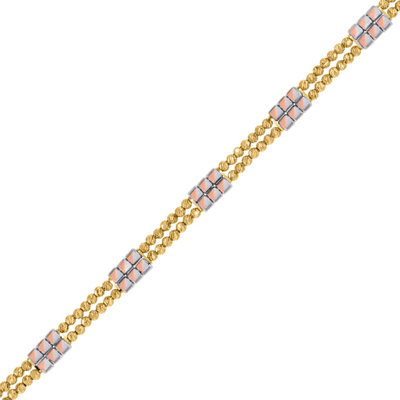 14kt Tri-color Gold Womens Polished Finish Diamond-cut Beaded Link Bracelet Size 7.5 Inches