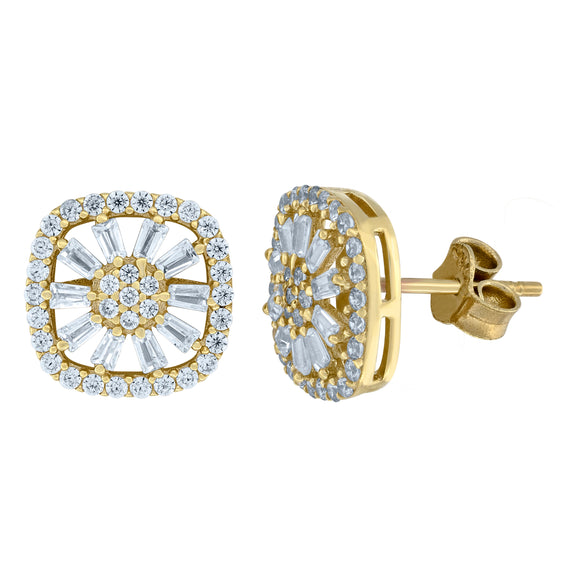 10kt Yellow Gold Womens Round & Baguette Cubic Zirconia Square Stud Earring
