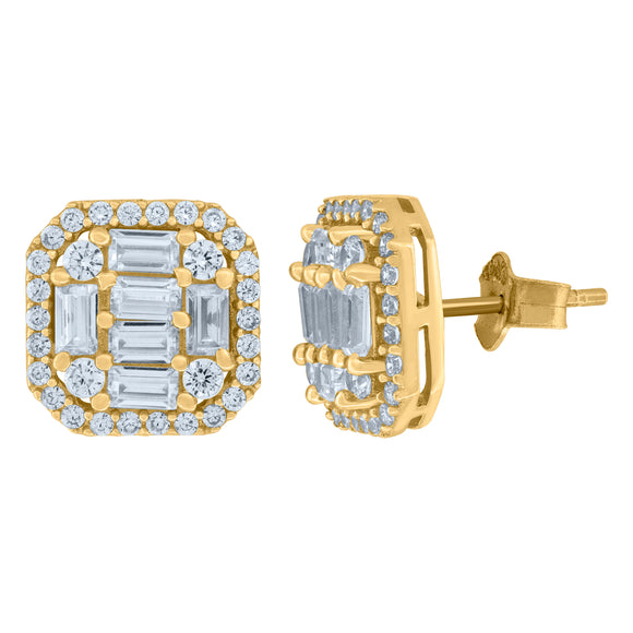 10kt Yellow Gold Mens Round & Baguette Cubic Zirconia Stud Earring