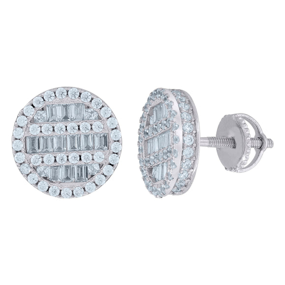 925 Sterling Silver Womens Baguette Cubic Zirconia Round Stud Earrings