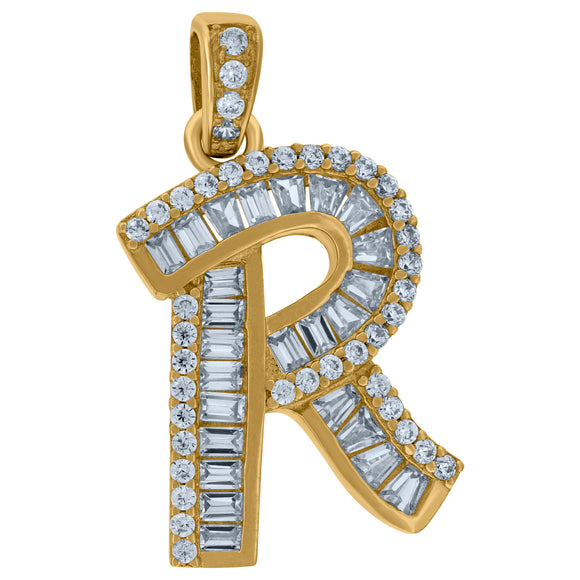 10kt Yellow Gold Womens Round Baguette Cubic Zirconia Initial Capital R Charm Pendant