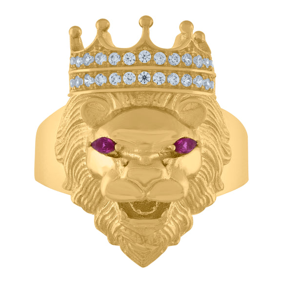 10KT Yellow Gold Mens White Pink Cubic Zirconia Crowned Lion Head Ring