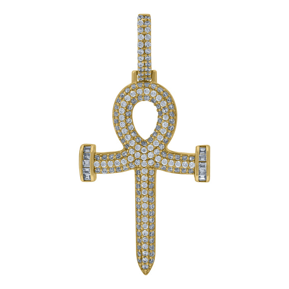 925 Sterling Silver Yellow-Tone Unisex CZ Ankh Cross Religious Charm Pendant
