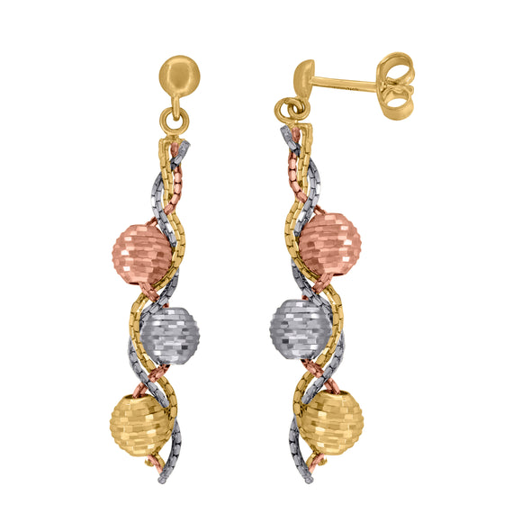 14kt Tri-color Gold Womens Textured Dangle Beaded Earrings
