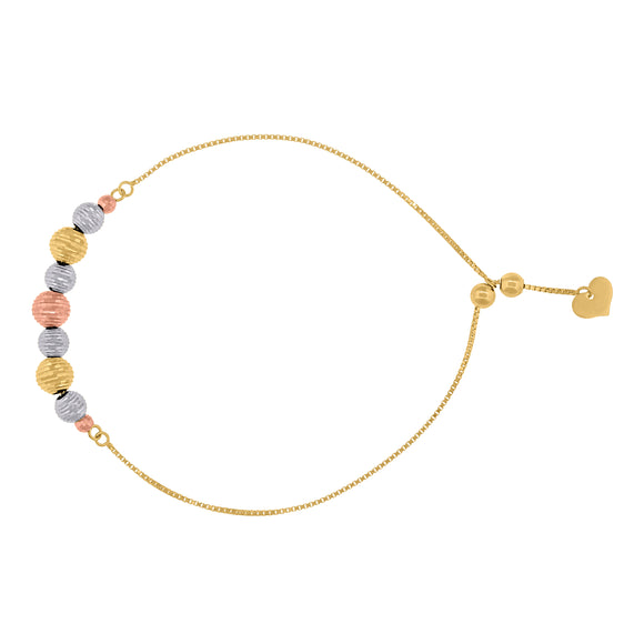 14kt Tri-color Gold Womens Diamond-cut Beaded Link Heart Adjustable Bolo Bracelet Size 8 Inches