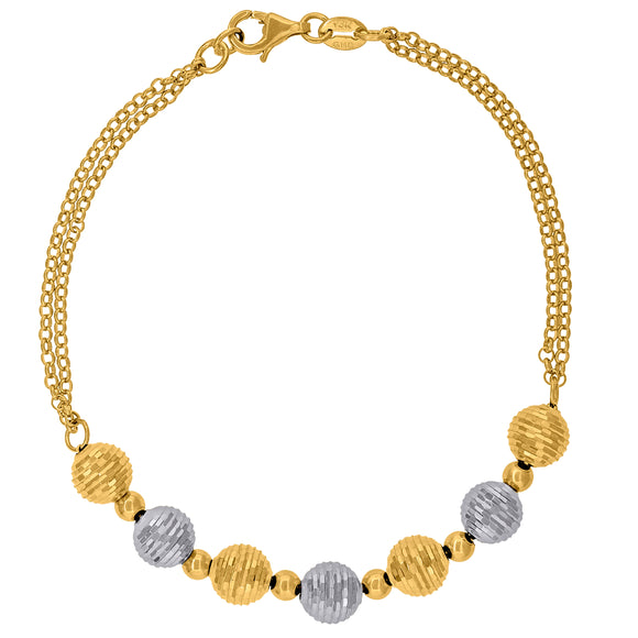 14kt Two-tone Gold Womens Diamond-cut Beaded Link Bracelet Size 7 Inches