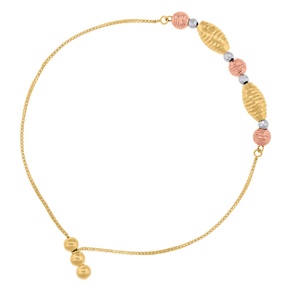 14kt Tri-color Gold Womens Diamond-cut Beaded Link Adjustable Bolo Bracelet Size 8 Inches