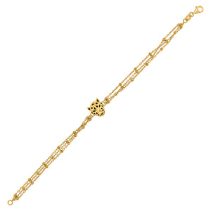 14kt Yellow Gold Womens Panther Head Animal Charm Beaded Link Bracelet Size 7 Inches