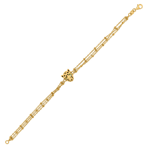 14kt Yellow Gold Womens Panther Head Animal Charm Beaded Link Bracelet Size 7 Inches