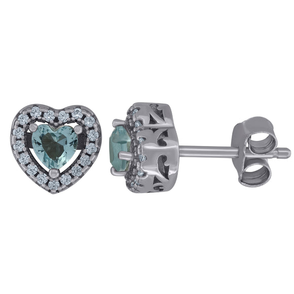 925 Sterling Silver Womens Aqua Cubic Zirconia Heart Stud Earrings
