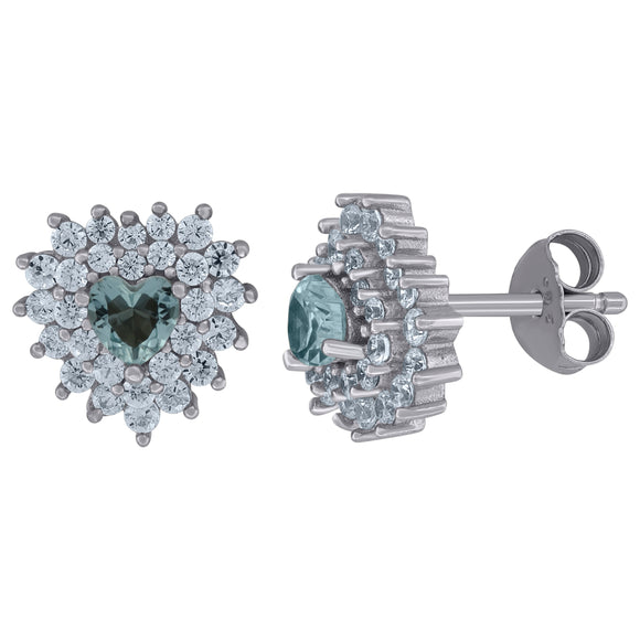 925 Sterling Silver Womens Aqua Cubic Zirconia Heart Stud Earrings