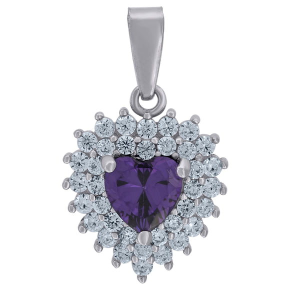 925 Sterling Silver Womens Purple Cubic-Zirconia Heart Charm Pendant