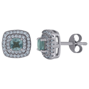 925 Sterling Silver Womens Aqua Cubic Zirconia Square Halo Stud Earrings