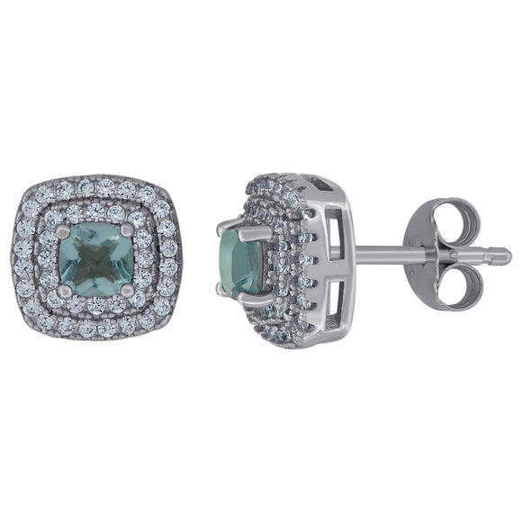 925 Sterling Silver Womens Aqua Cubic Zirconia Square Halo Stud Earrings