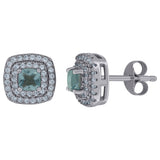 925 Sterling Silver Womens Aqua Cubic Zirconia Square Halo Stud Earrings