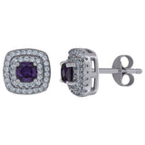 925 Sterling Silver Womens Purple Cubic Zirconia Square Halo Stud Earrings