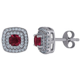 925 Sterling Silver Womens Red Cubic Zirconia Square Halo Stud Earrings