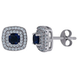 925 Sterling Silver Womens Royal Blue Cubic Zirconia Square Halo Stud Earrings