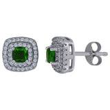 925 Sterling Silver Womens Dark Green Cubic Zirconia Square Halo Stud Earrings